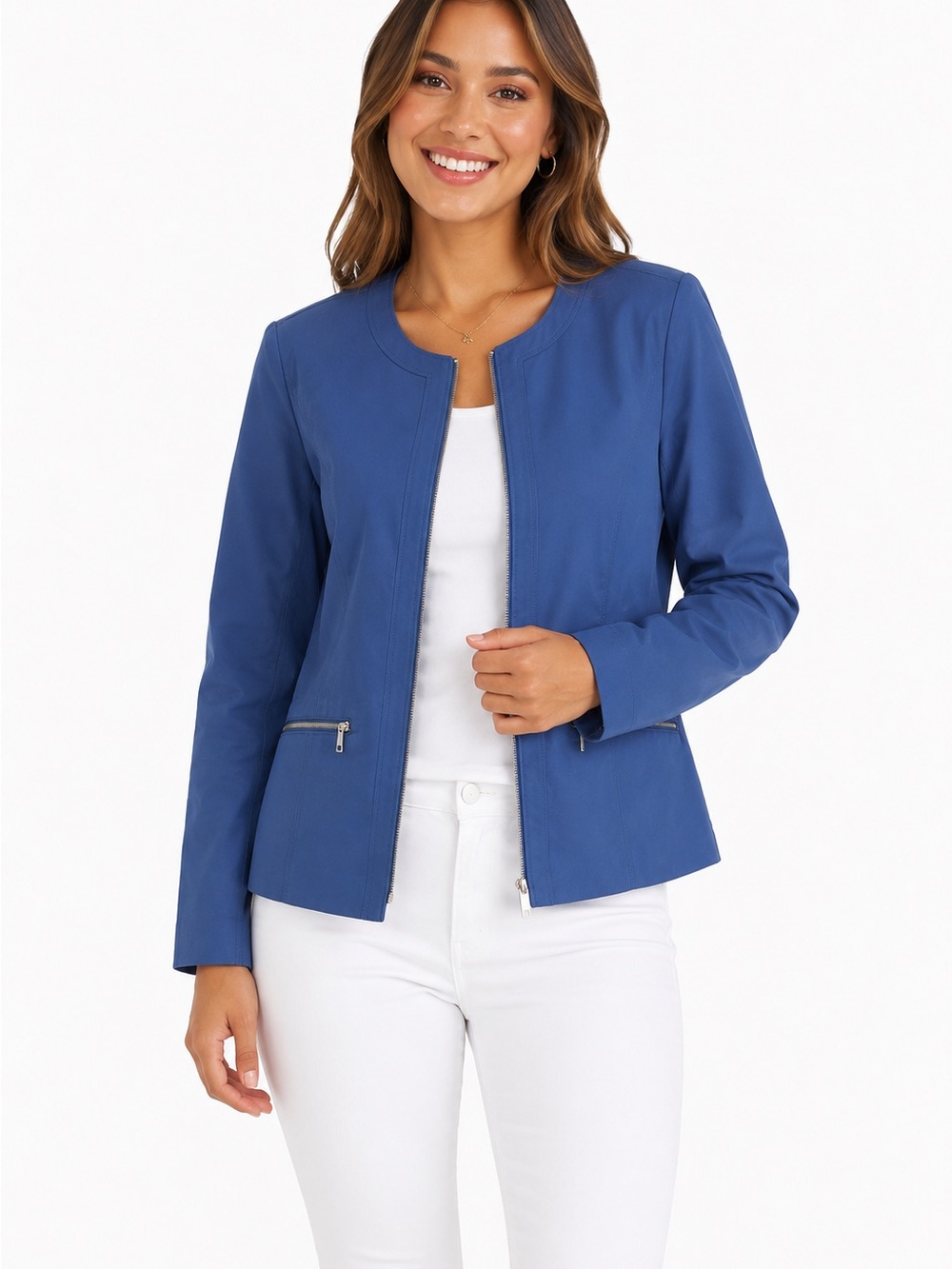 Lafayette 148 Blue Collarless Jacket with Zipper front and pockets size 14